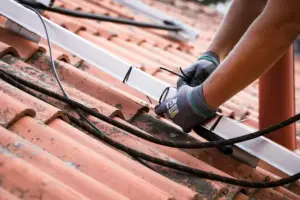 Maintenance work on an old roof.