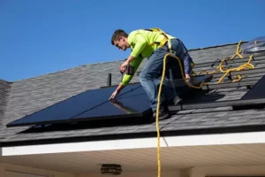 A contractor putting solar panels on a roof.