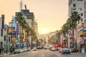 a Los Angeles street lined with commercial buildings