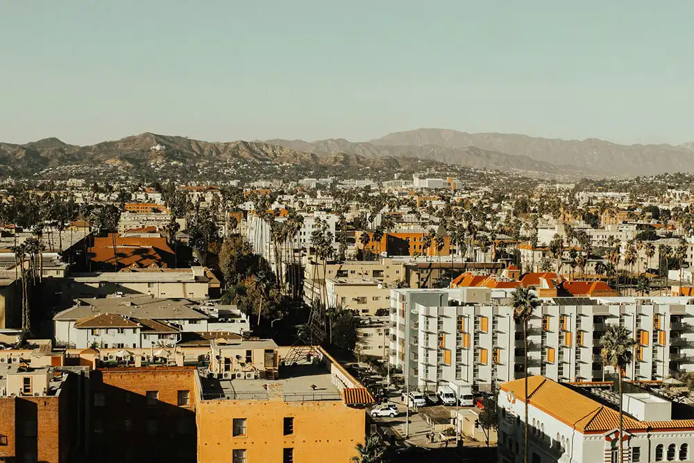 A Southern California skyline full of commercial roofs.