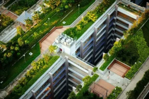 Several greenspaces on top of a building.