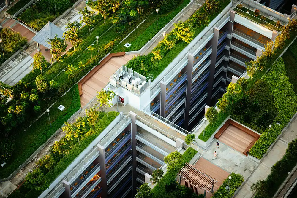 Several greenspaces on top of a building.