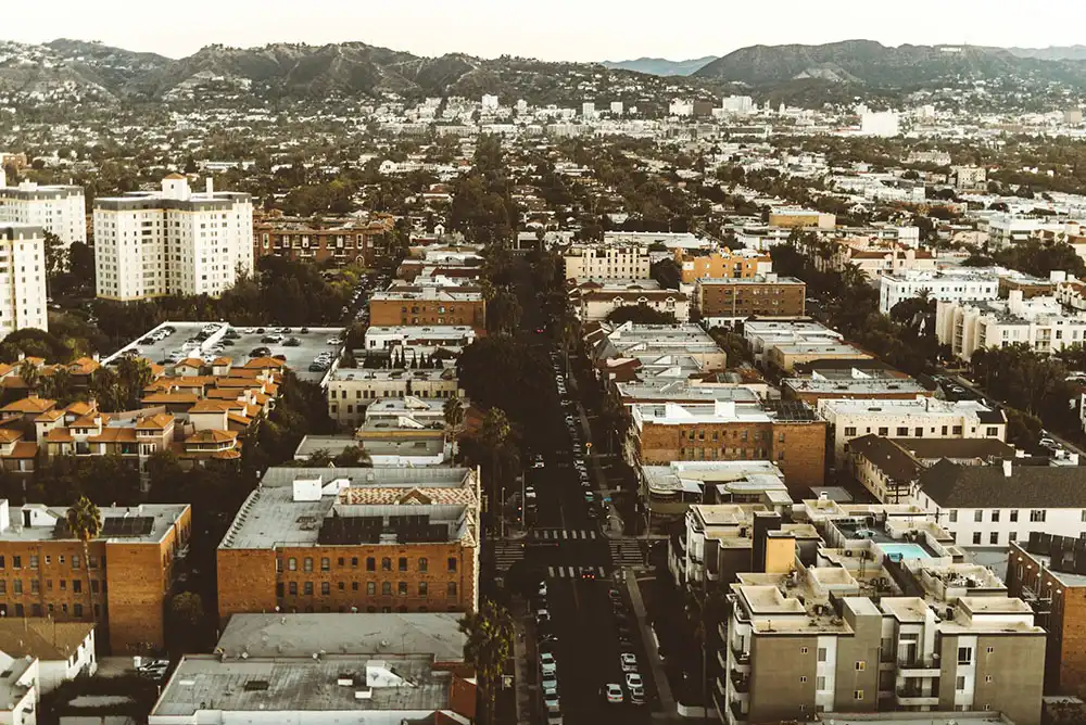 A Southern California skyline full of commercial roofs.