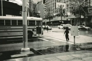 a Los Angeles commercial district during a rainstorm