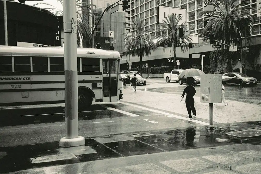 a Los Angeles commercial district during a rainstorm
