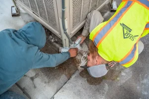 two commercial roofers working around a roof-mounted air conditioning unit