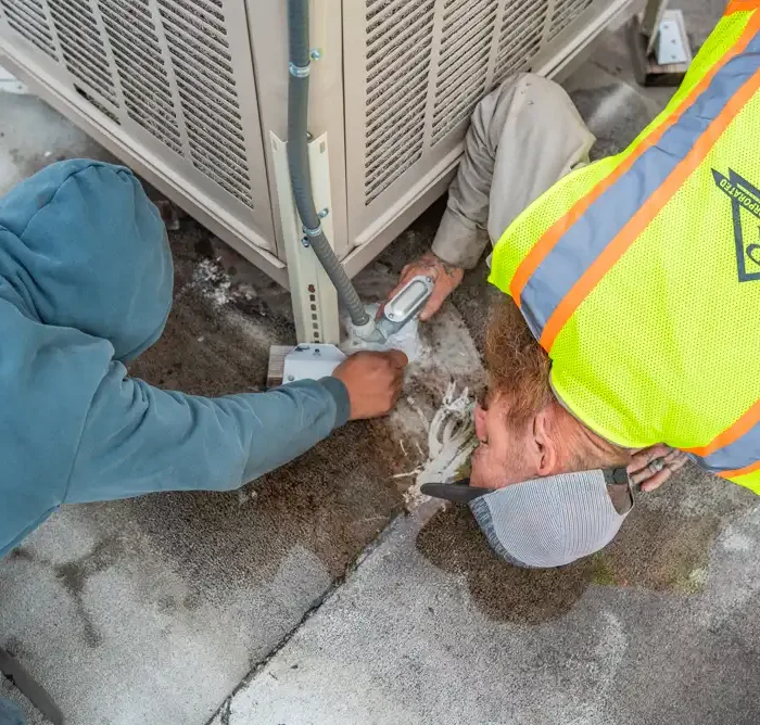 two commercial roofers working around a roof-mounted air conditioning unit