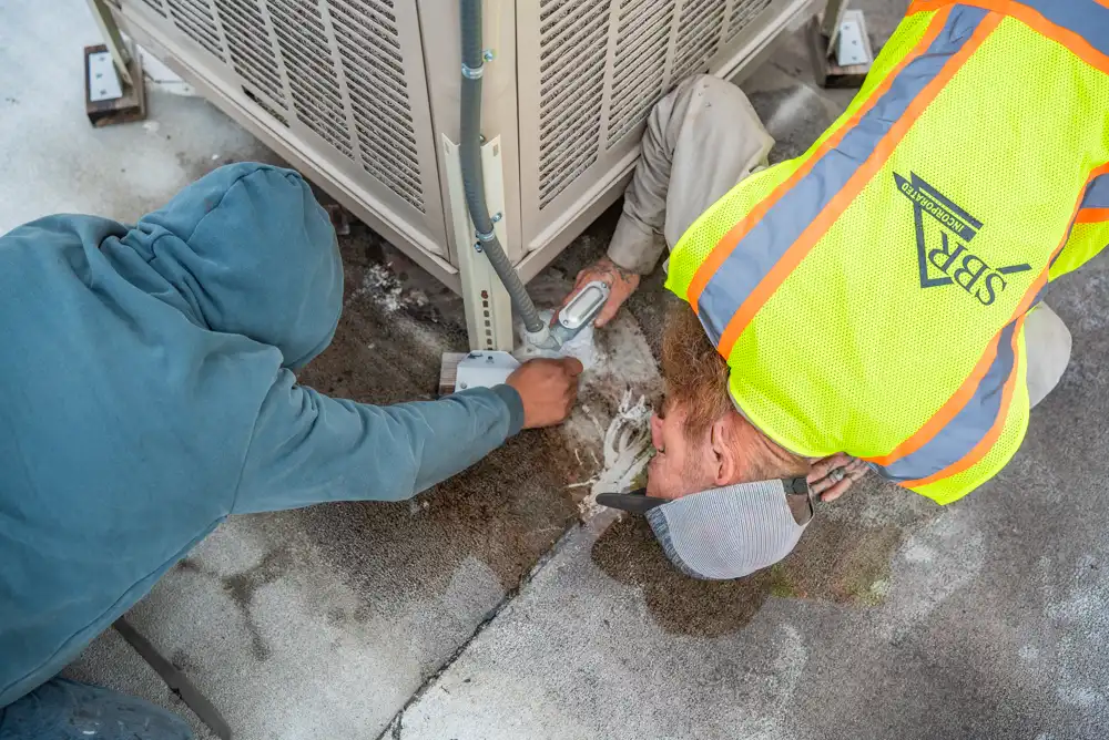 two commercial roofers working around a roof-mounted air conditioning unit