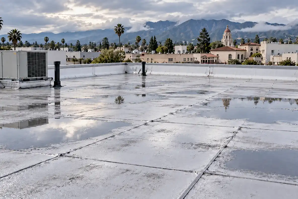 a commercial flat roof with rain puddles after a storm